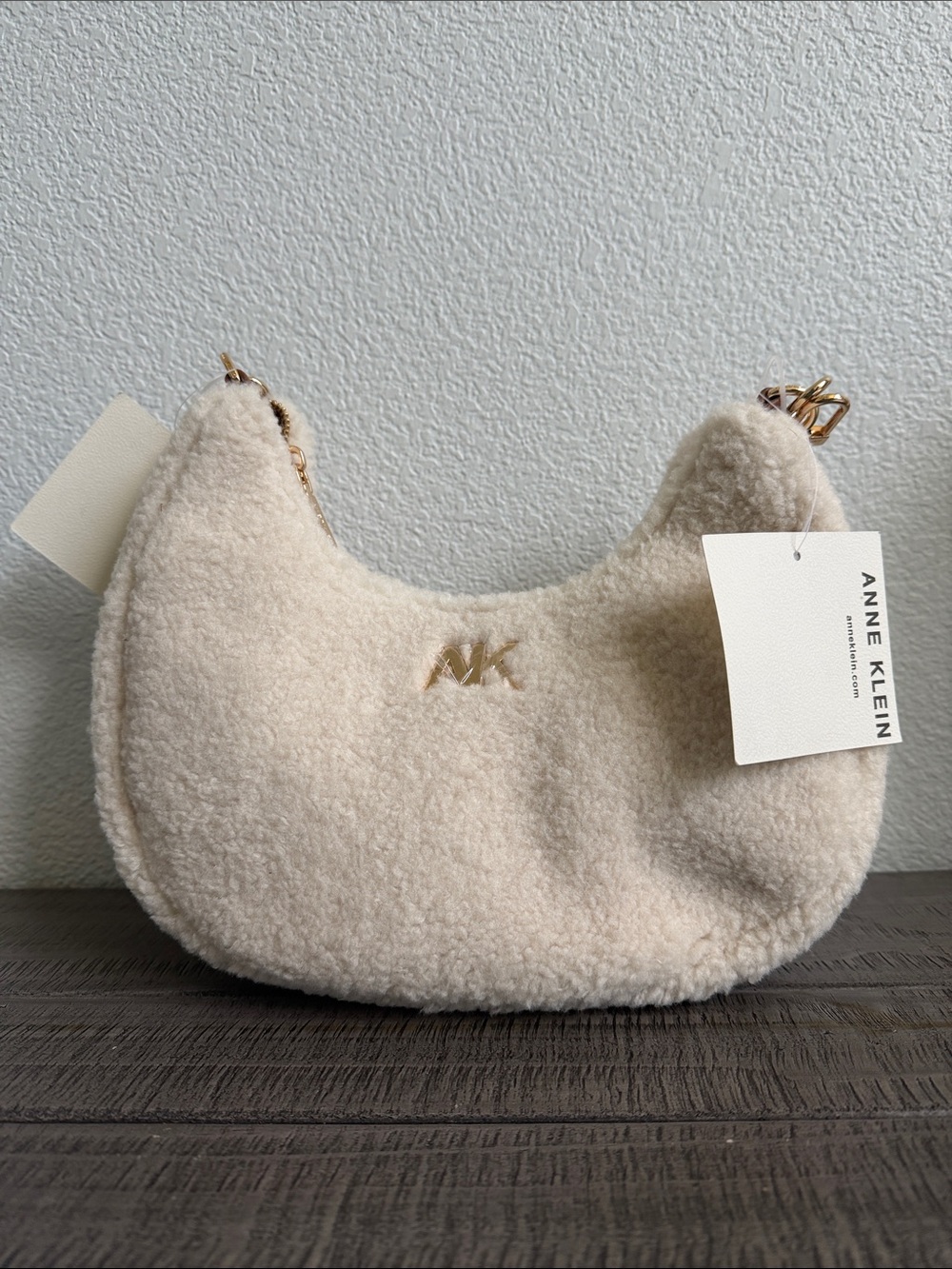 Anne Klein Cream Sherpa Crescent Hobo Shoulder Bag with Gold AK Accent NEW
